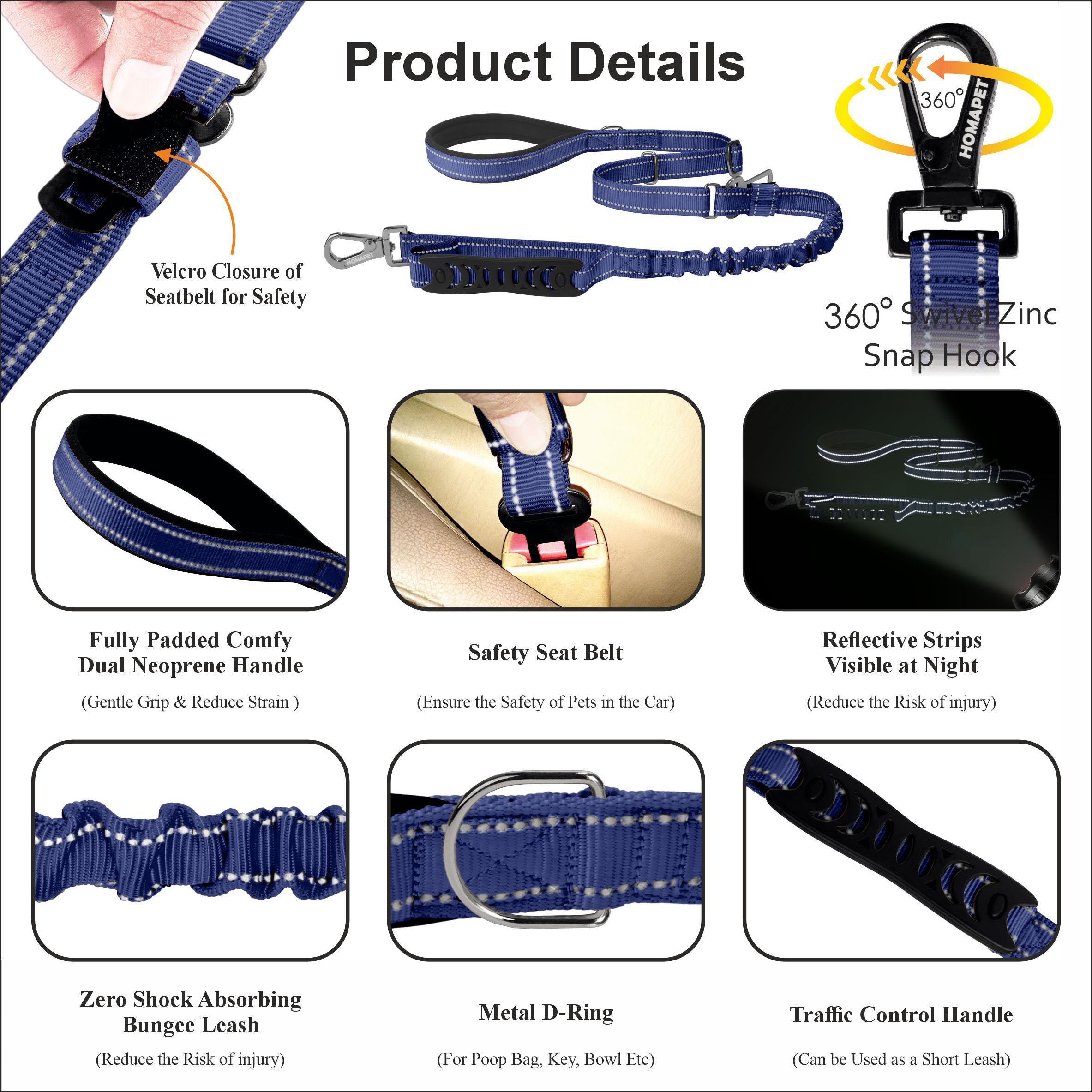 Sodalite Blue Nylon Adjustable Bungee Dog Leash