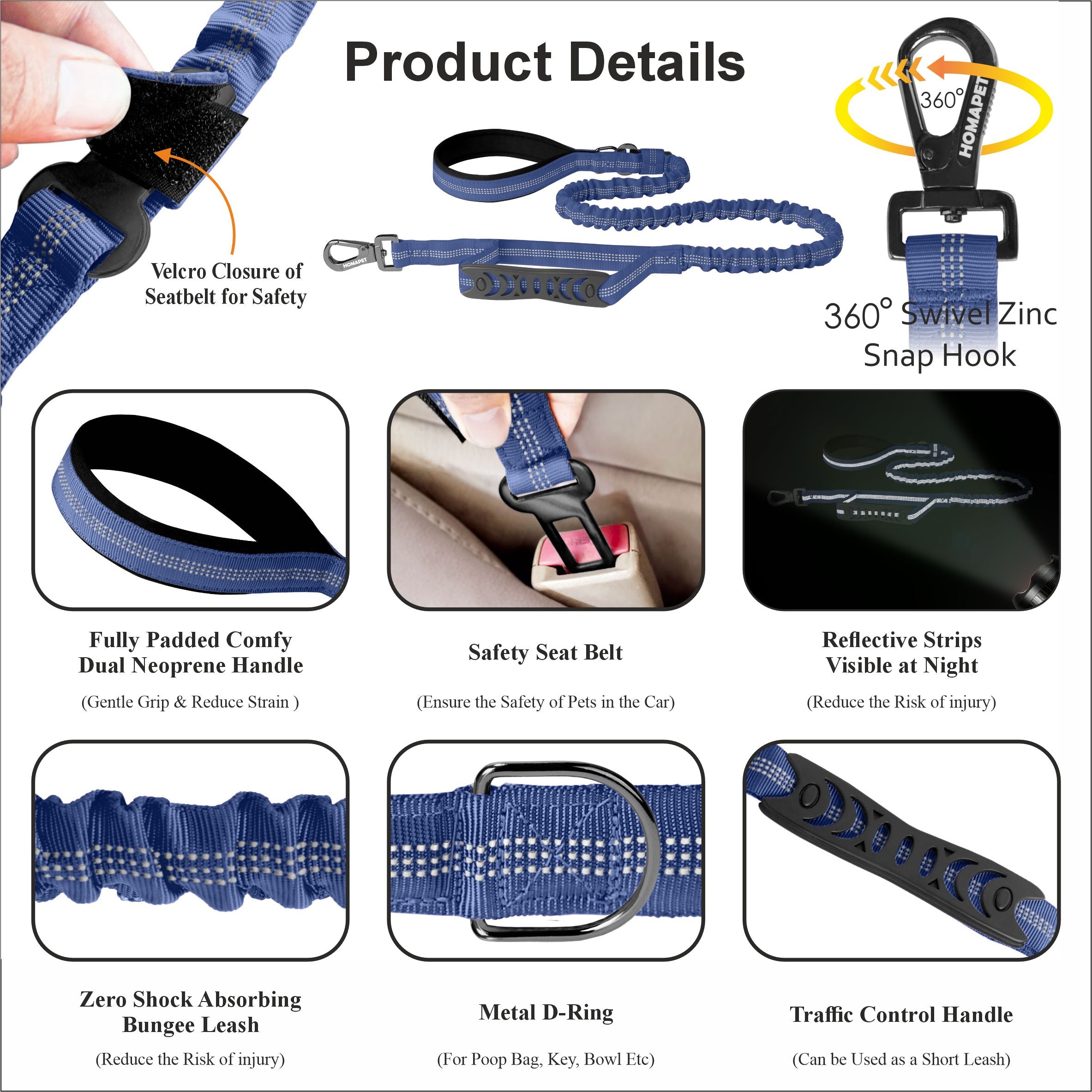Sodalite Blue Polyester Full Bungee Dog Leash