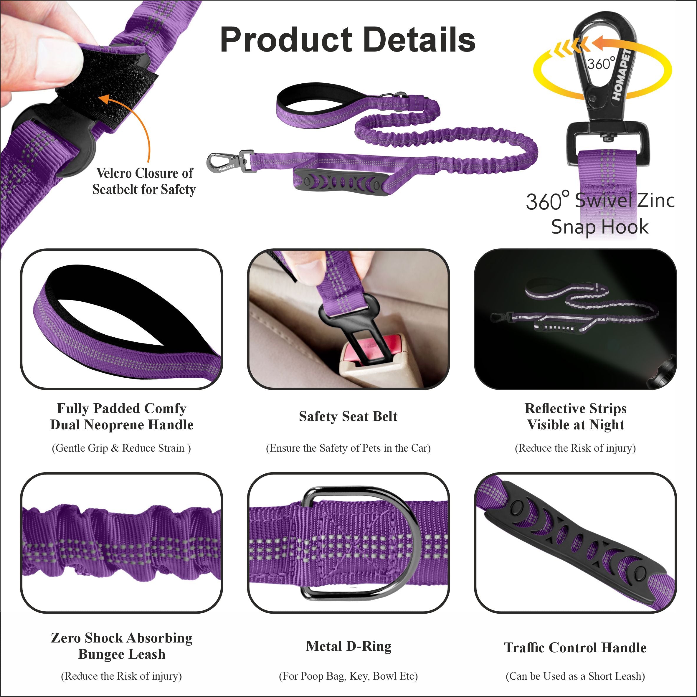 Violet Polyester Full Bungee Dog Leash