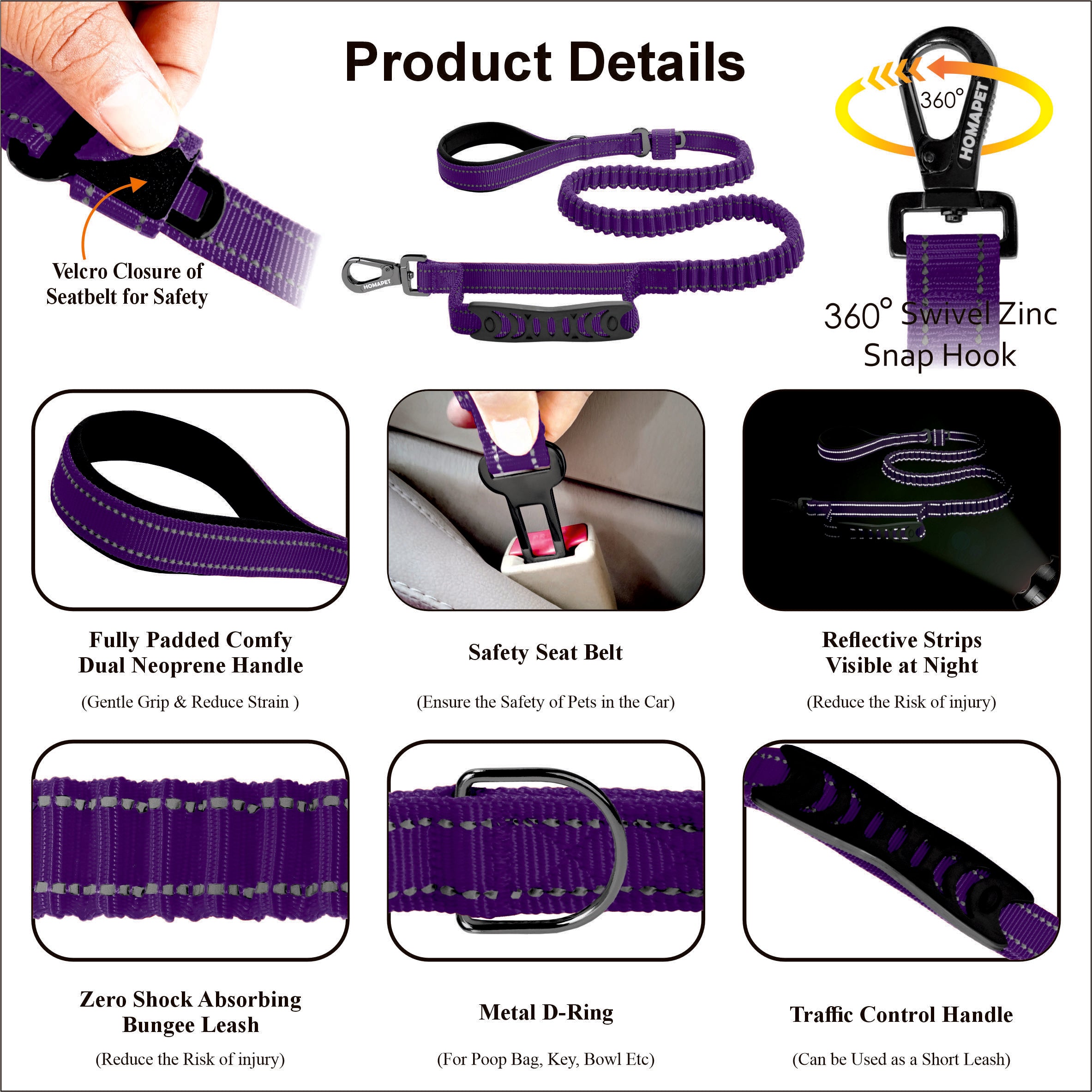 Violet Polyester Full Bungee Dog Leash
