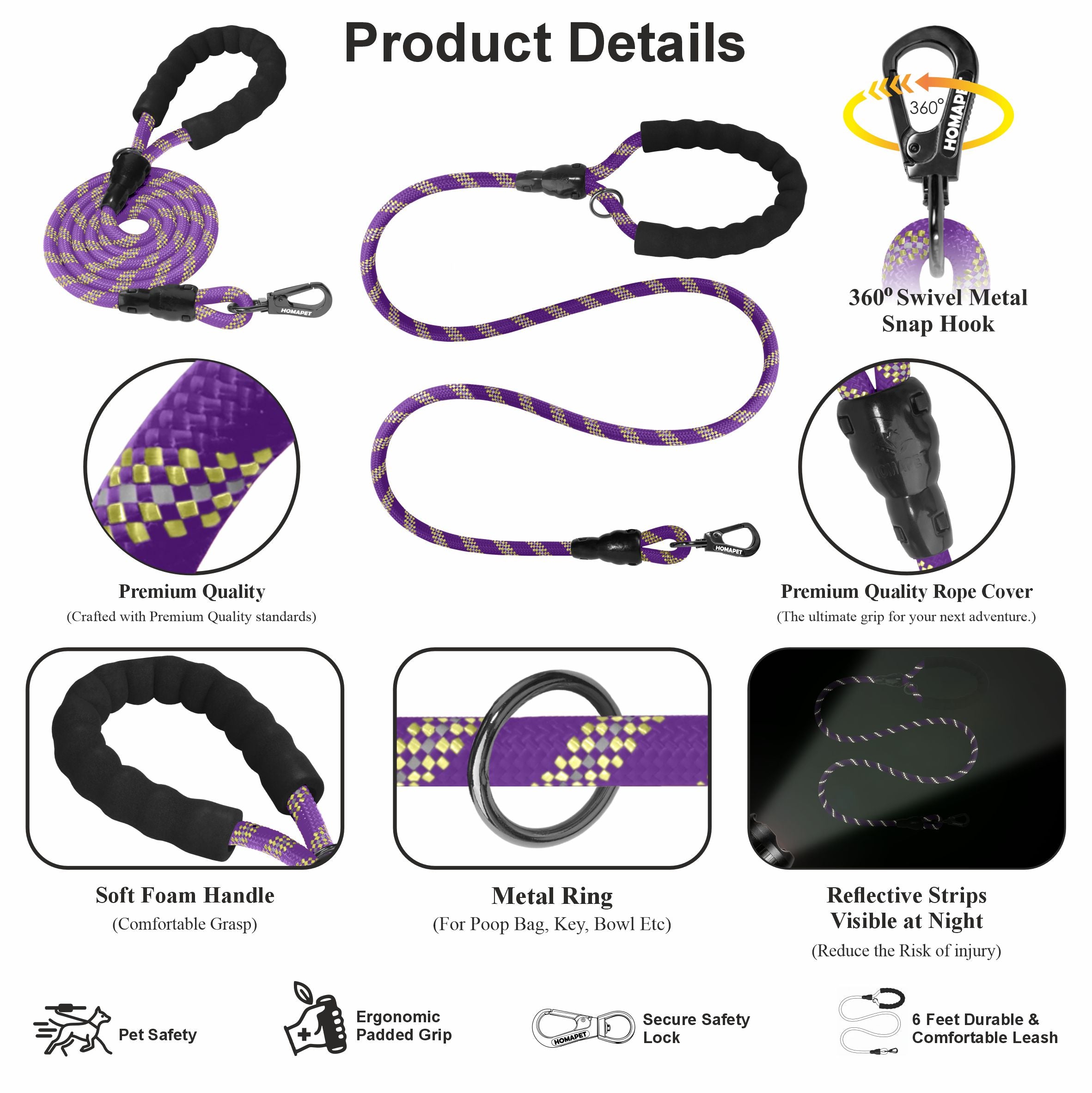Violet - Yellow Braided Polyester Reflective Dog Rope