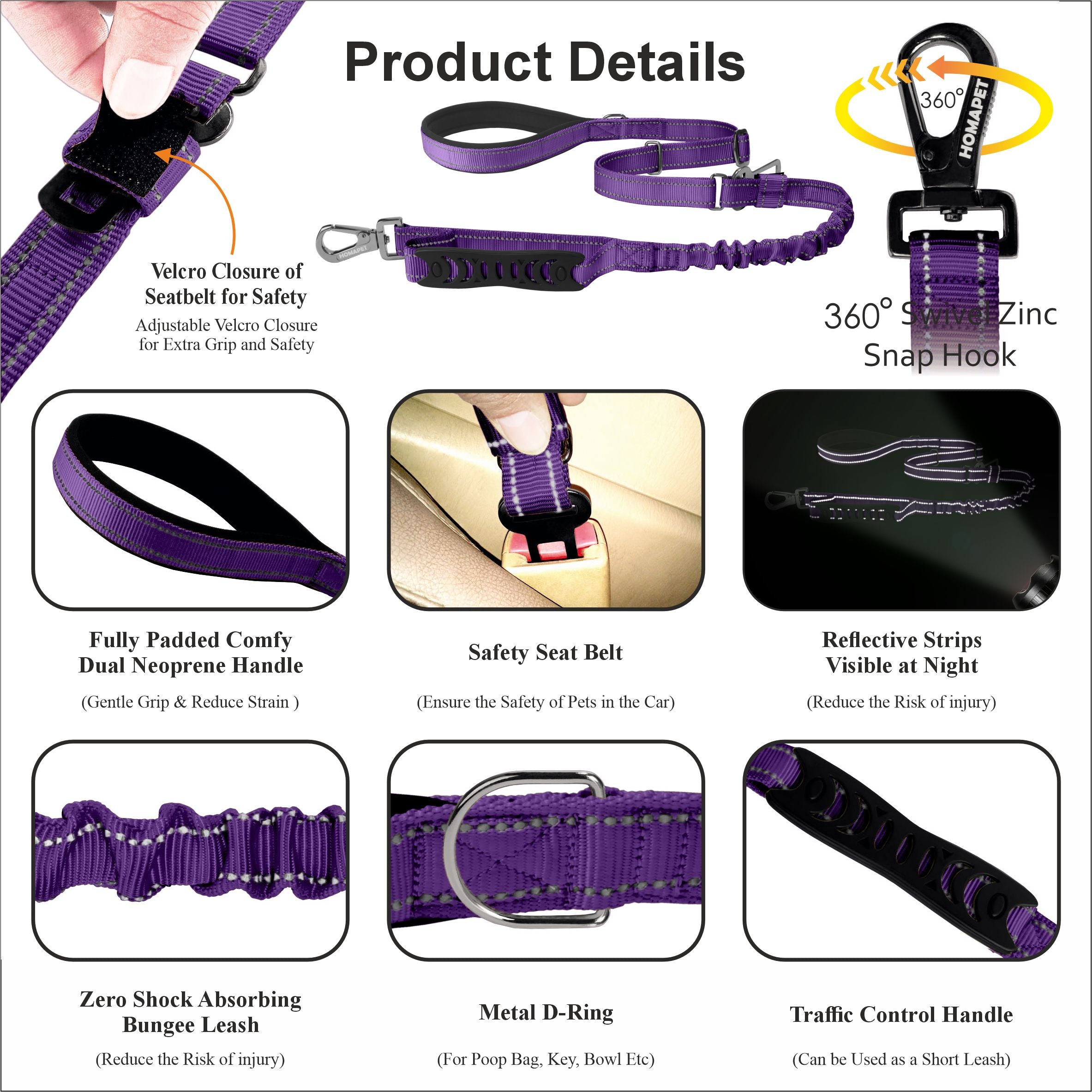 Violet Nylon Adjustable Bungee Dog Leash