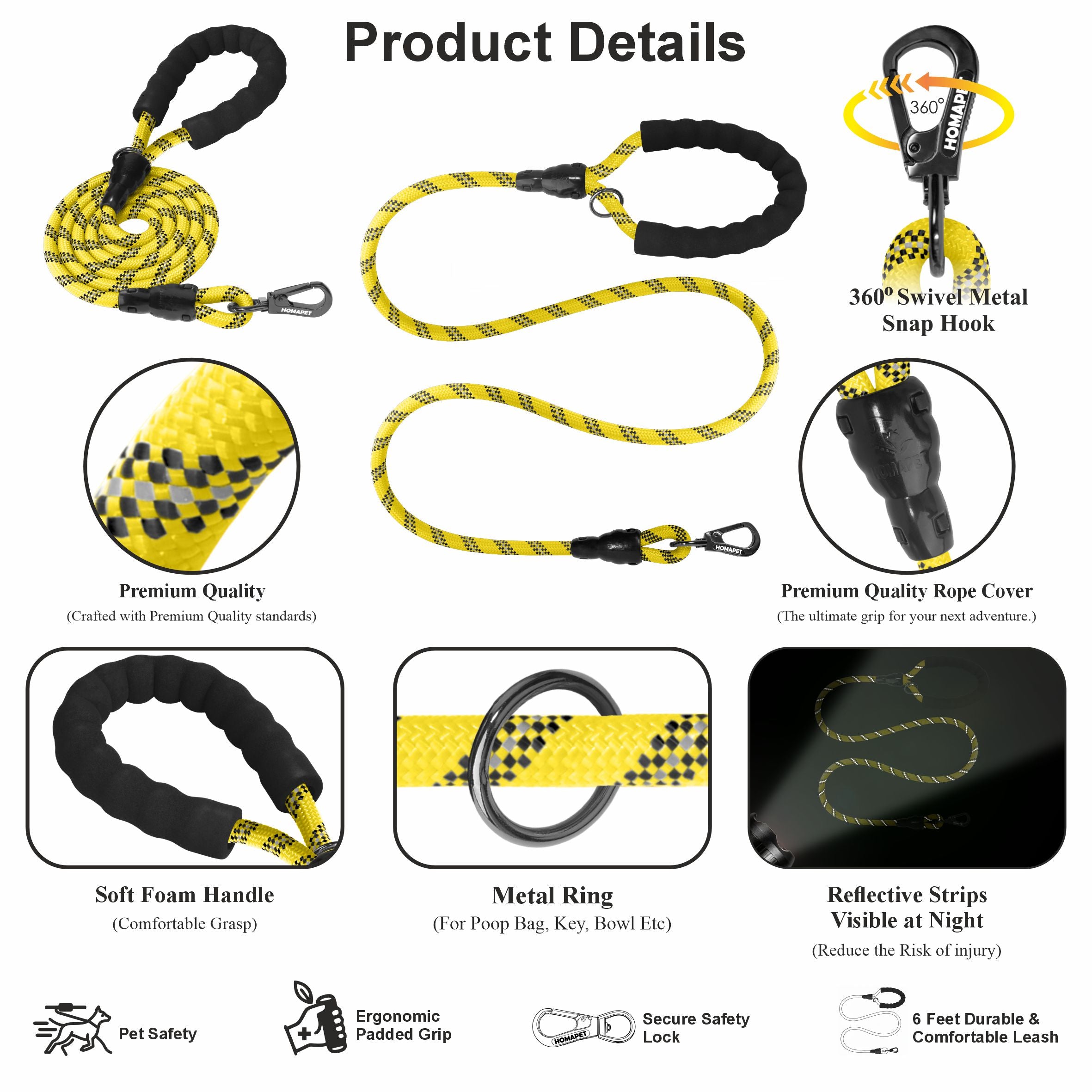 Yellow - Black Braided Polyester Reflective Dog Rope
