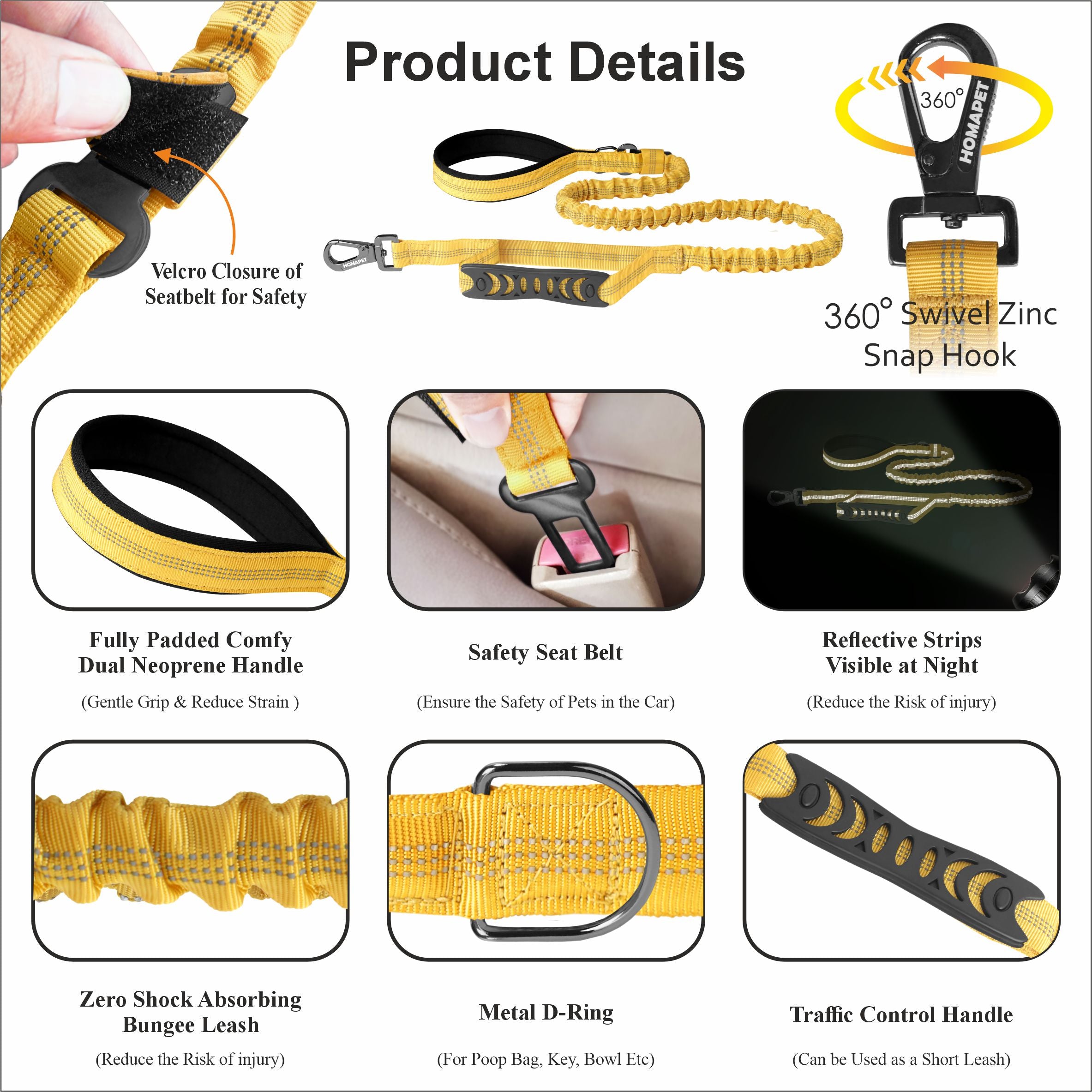 Yellow Polyester Full Bungee Dog Leash