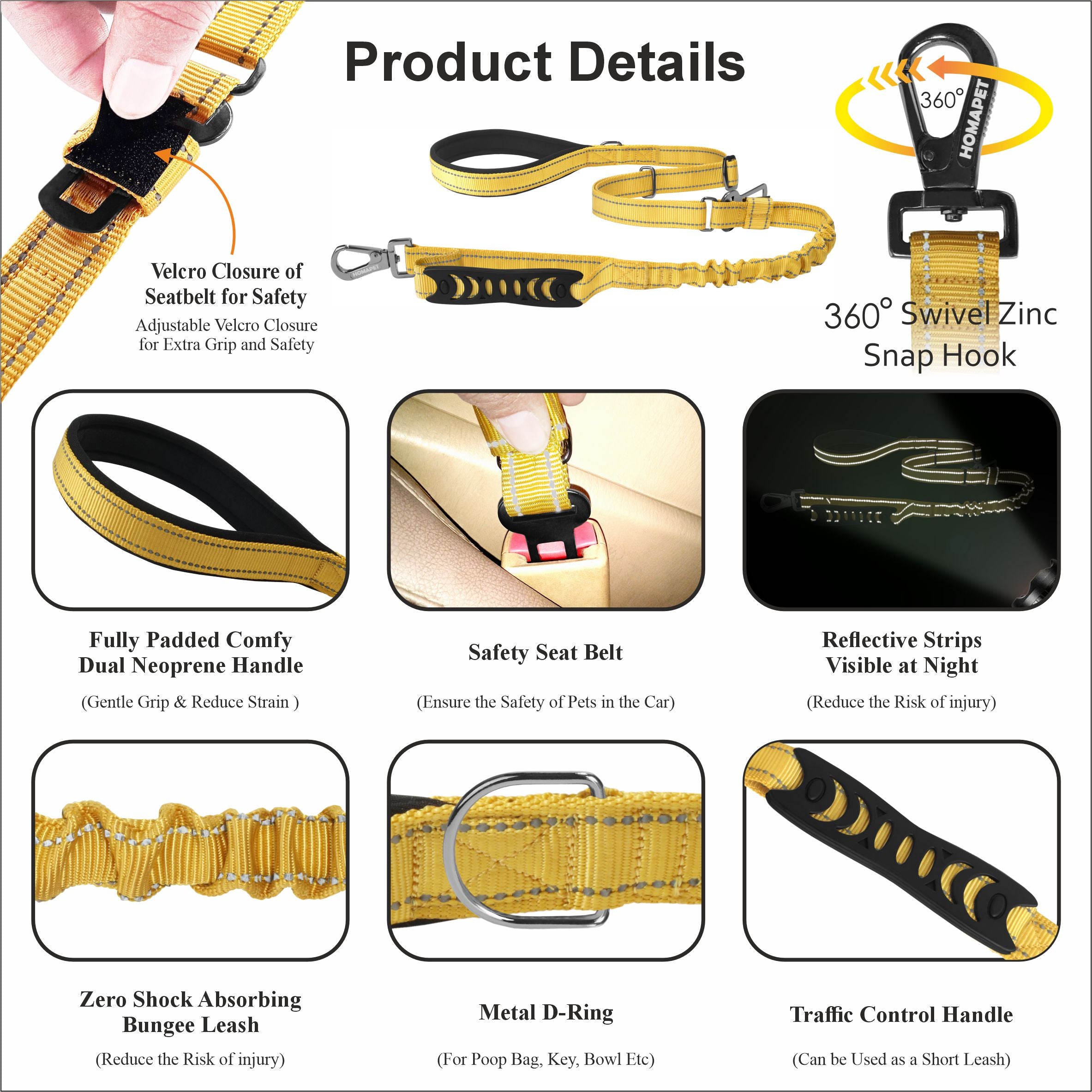 Yellow Nylon Adjustable Bungee Dog Leash