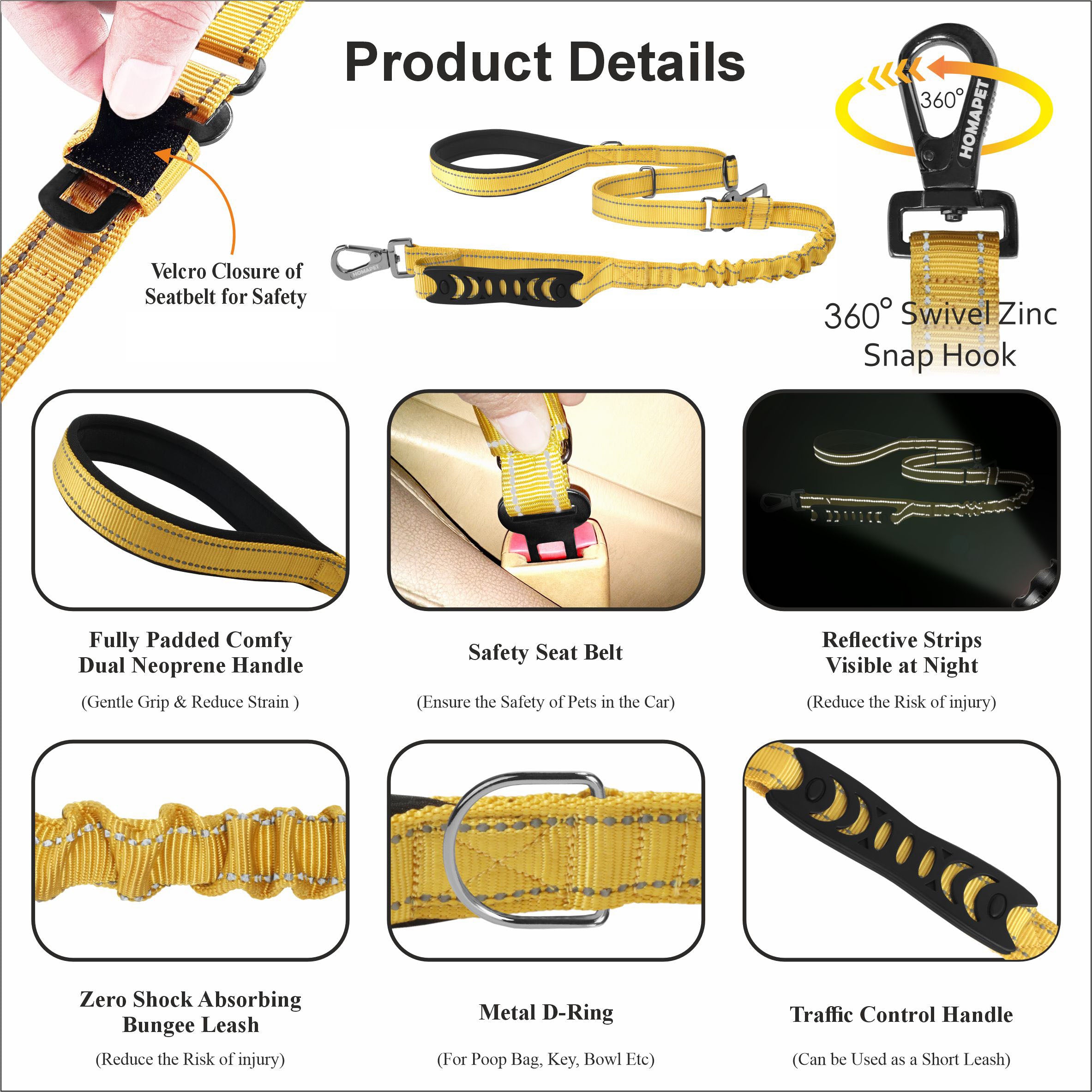 Yellow Nylon Adjustable Bungee Dog Leash