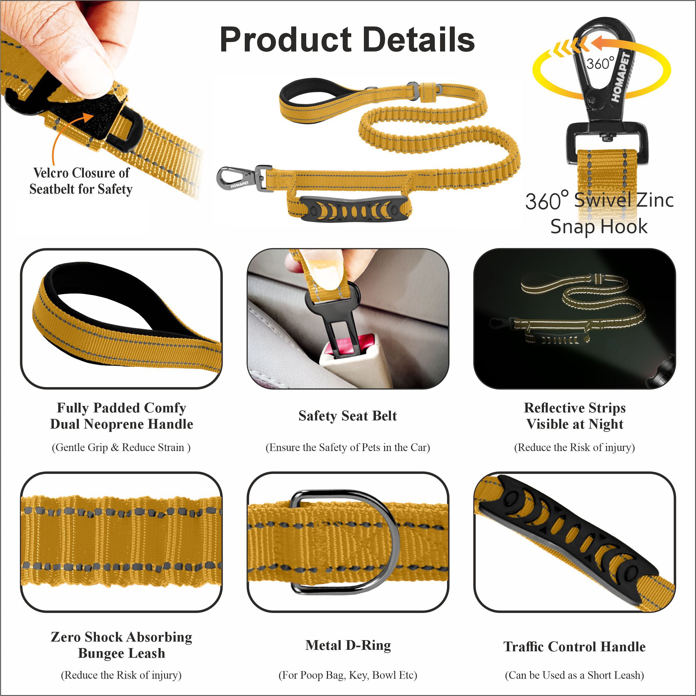 Yellow Polyester Full Bungee Dog Leash